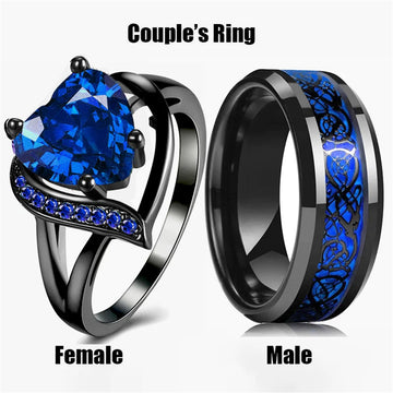 Couple Rings Set - Heart Blue Rhinestones & Celtic Dragon Design