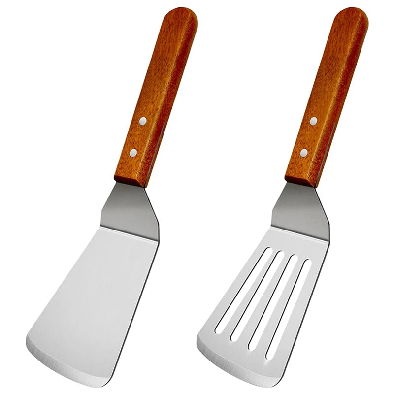 Metal Spatulas for Cast Iron Skillet, Fish Egg Grill Slotted Spatula Turner with Wood Handle - Cooking Utensils