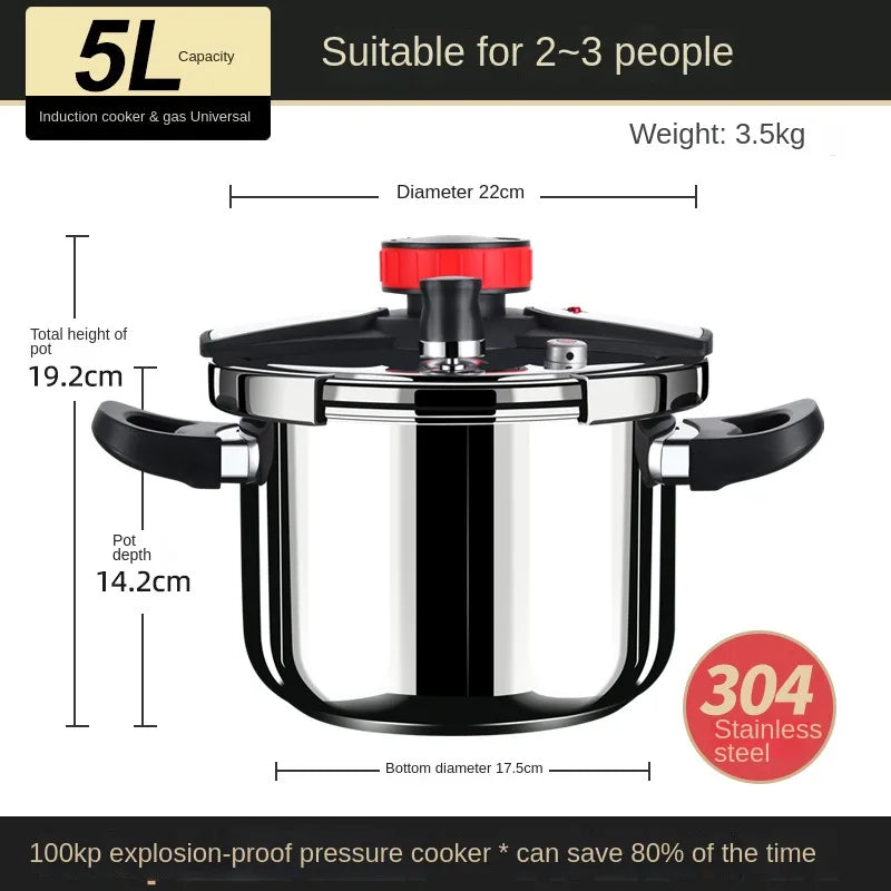 5L/6L 304 Stainless Steel Pressure Cooker Cookware Quickly Safety Cooking Kitchen Cooking Pot for Family Home Camping Outdoor