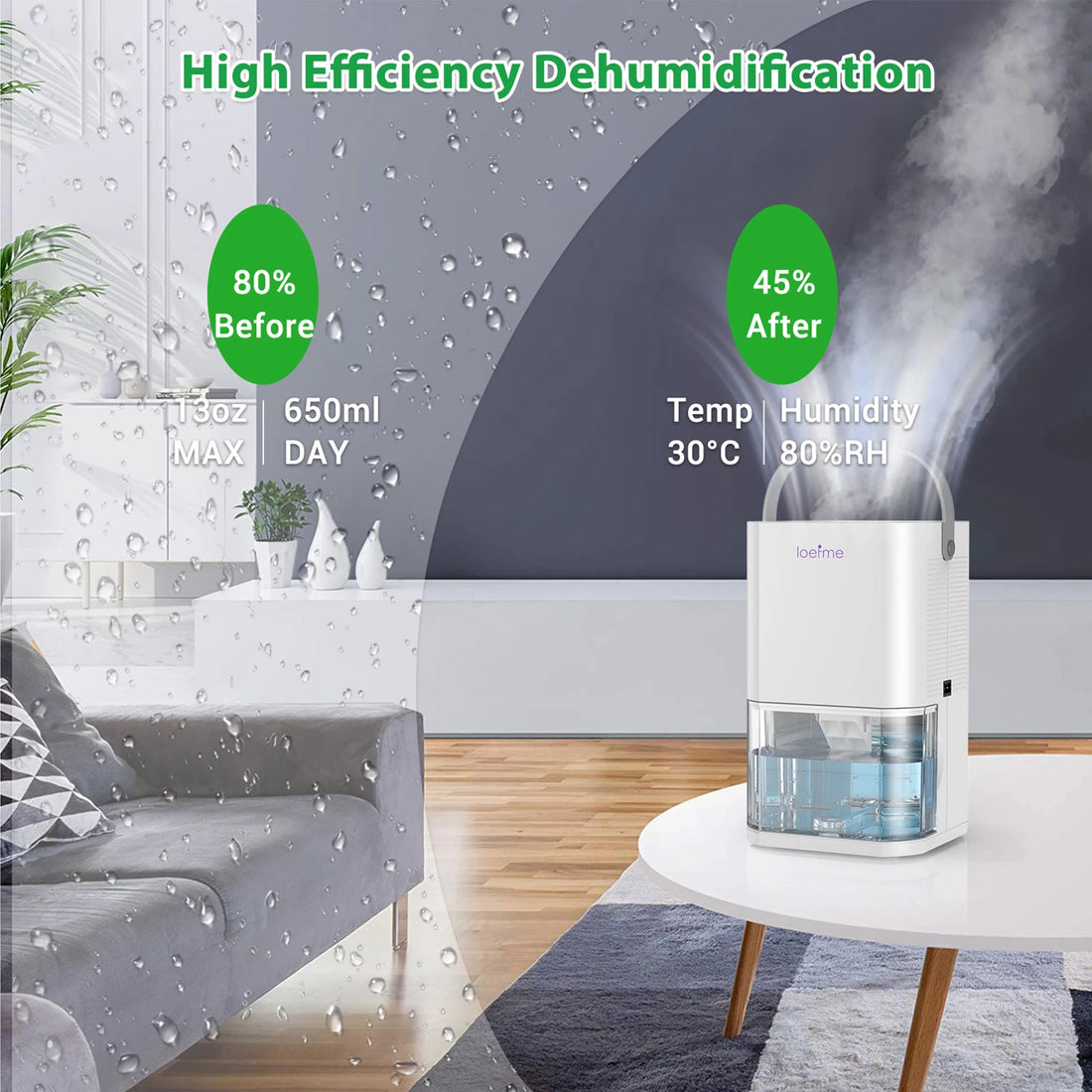 2000ML Capacity Dehumidifier Electric Condensation Moisture with Timer Silent Low Noise 35dB 650mL/D for Damp W/Touch buttons