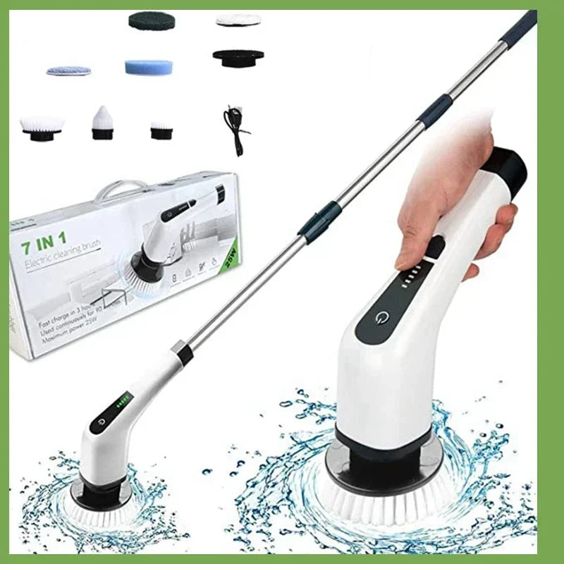 Electric Cleaning Brush, Electric Rotary Floor Scrubber with 7 Replacement Brush Heads Adjustable Handle Bathroom Clean Tool