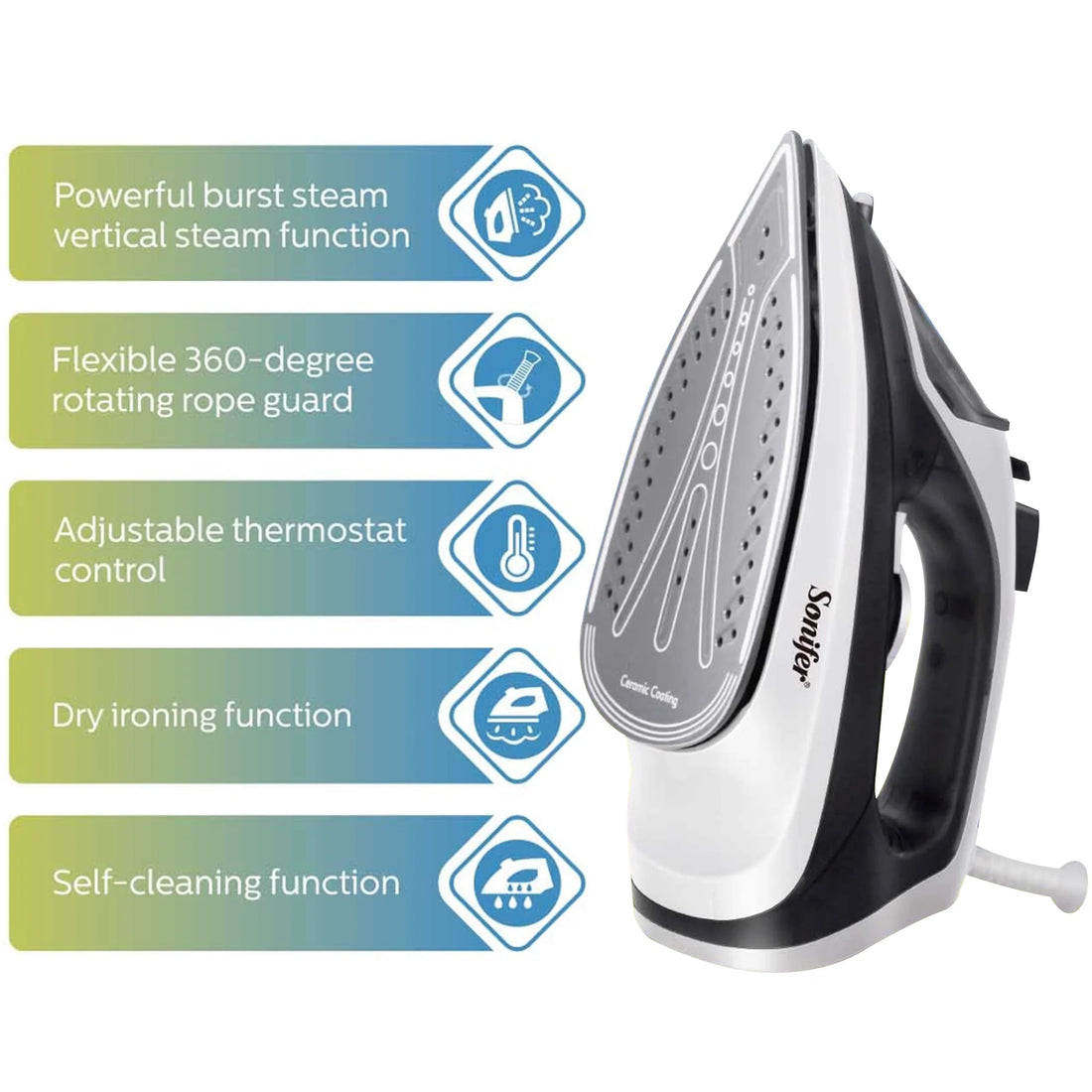 Sonifer Electric Steamer Iron SF-9080 .Dry ironing function .Nebulizer steam function .Powerful burst steam vertical steam funct