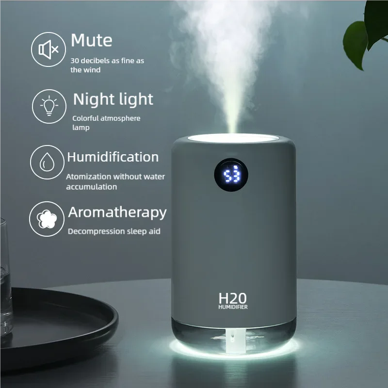 Home Table Wireless Ultrasonic Air Humidifier, Portable Mini Aroma Water Mist Diffuser, Battery Life Show, 500ml, 2000mAh