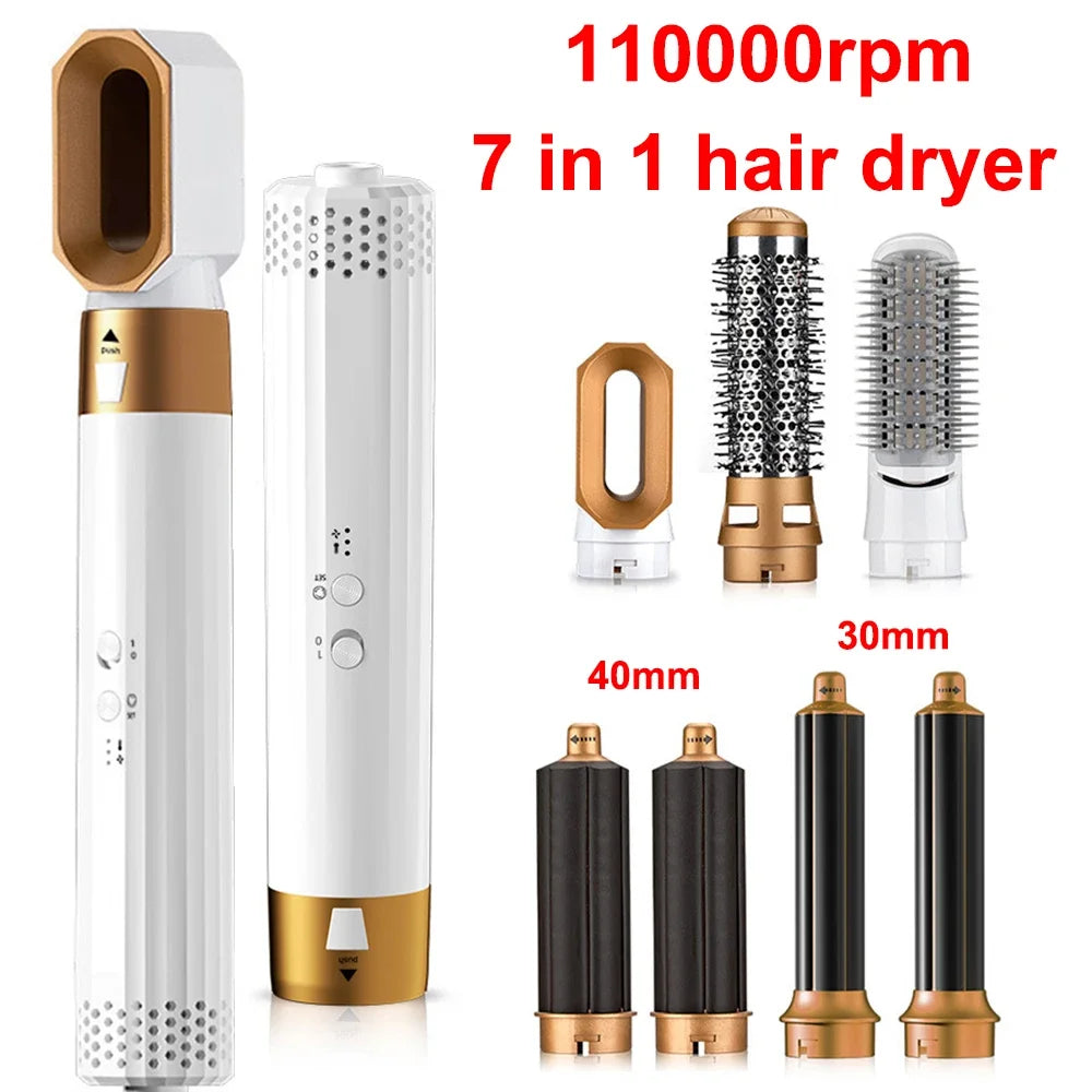 7 in 1 Hair Dryer 110000rpm High Speed Blow Dryer Negative Ion Hot Air Brush Hair Styler Tools with 30mm 40mm Auto-Wrap Curlers