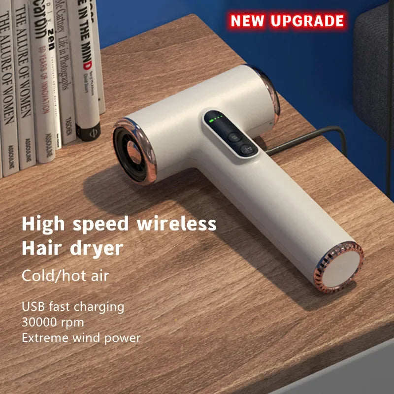 Portable Wireless Hair Dryer USB Charging Display Screen Hair Dryers for Dormitory/Travel Strong Wind Low Noise 3 Gears