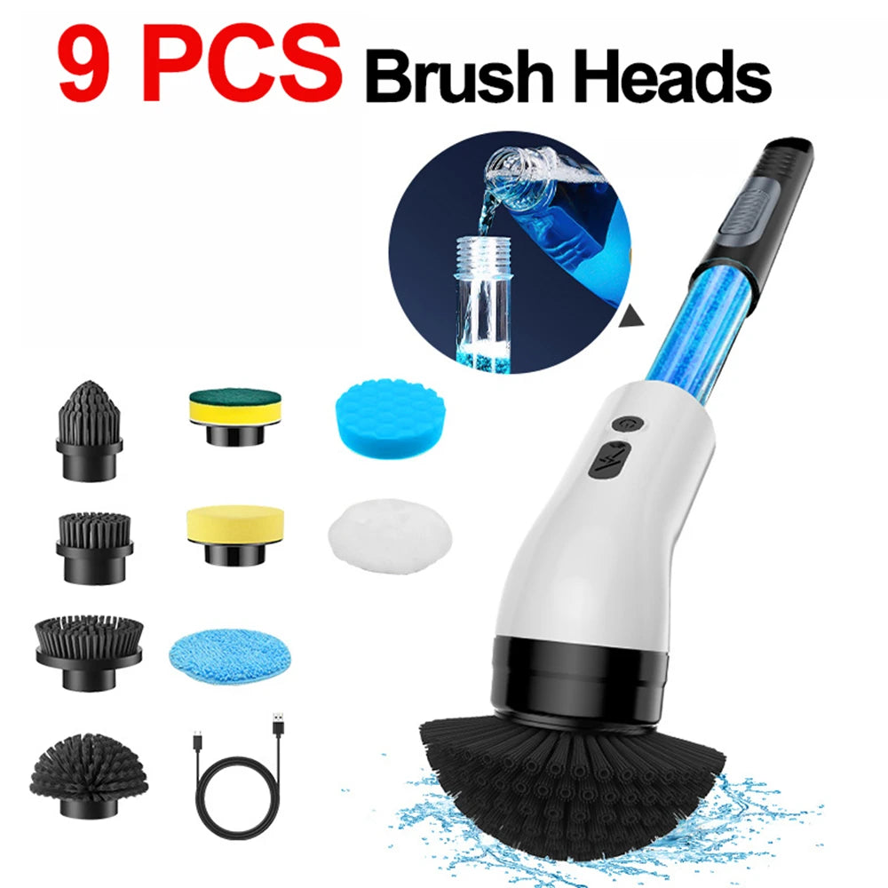 9 in 1 electric cleaning brush, handheld liquid filling cleaning brush, long handle telescopic electric brush, electric mop