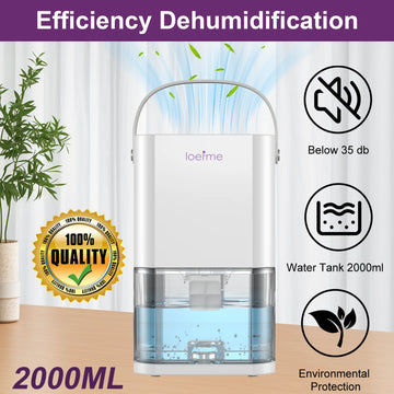 2000ML Capacity Dehumidifier Electric Condensation Moisture with Timer Silent Low Noise 35dB 650mL/D for Damp W/Touch buttons