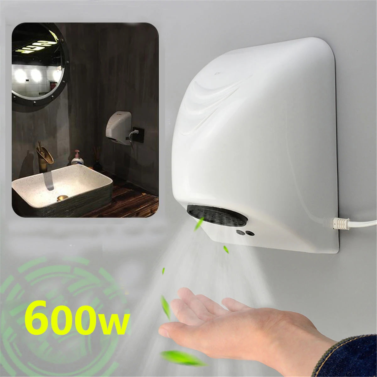 600W Hotel Automatic Hand Dryer Automatic Hand Dryer Sensor Household Hand-drying Device Bathroom Hot Air Electric Heater Wind