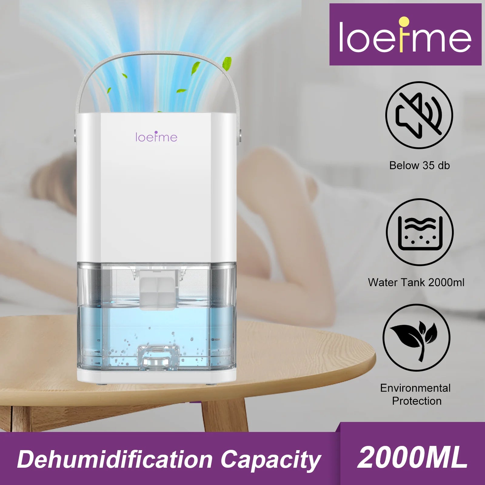 2000ML Electric Dehumidifier for Home Condensation Moisture with Timer Silent Low Noise 35dB Tank Capacity