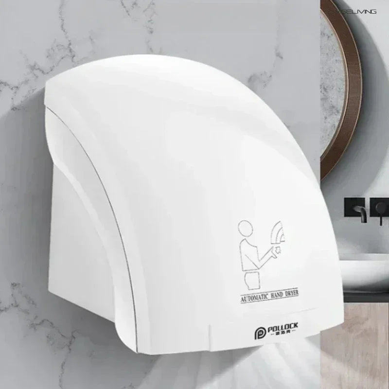 Automatic Induction Hand Dryer. For home and hotel bathrooms. Blows cold and hot air. Smart drying appliance.